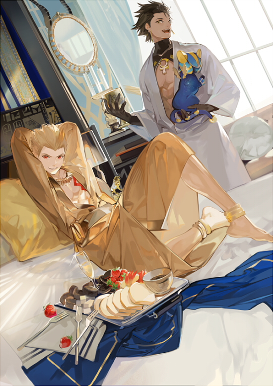 2boys :d abs alcohol animal anklet apple apple_rabbit arms_behind_head barefoot bathrobe black_gloves black_hair blanket blonde_hair bread bread_slice candelabra candle candlestand chalice champagne champagne_flute chocolate coffee cowboy_shot cup curtains cushion dark-skinned_male dark_skin day drinking_glass fate/grand_order fate_(series) food food_art fork fruit full_body gilgamesh_(fate) gloves gold_necklace hair_slicked_back holding holding_animal holding_cup hotel_room indoors jewelry lion_cub male_focus mirror multiple_boys napkin necklace nineo official_art on_bed ozymandias_(fate) parted_lips pillow reclining red_eyes short_hair shrug_(clothing) smile spiked_hair standing strawberry toast toned toned_male tray v-shaped_eyebrows window yellow_eyes