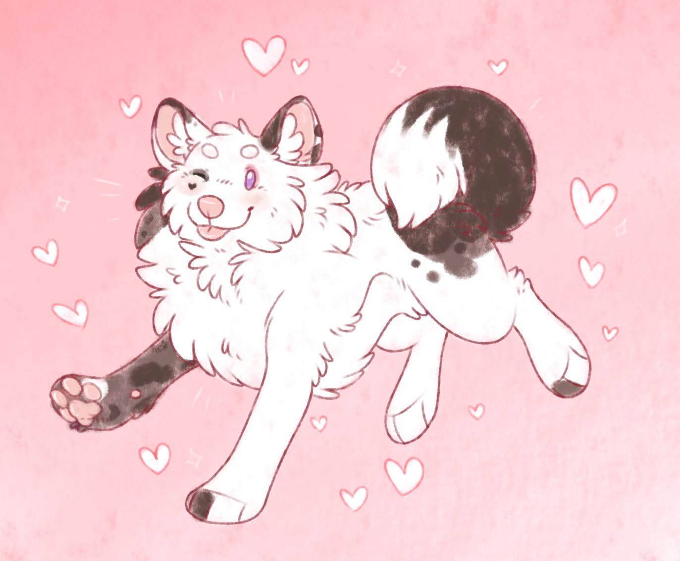 &lt;3 2023 ambiguous_gender black_markings blep blush canid canine canis circle_eyebrows curled_tail digital_drawing_(artwork) digital_media_(artwork) digitigrade domestic_dog dot_eyes eyebrows feral flat_colors full-length_portrait fur grey_markings inner_ear_fluff maligaytor mammal markings one_eye_closed pawpads paws pink_background pink_blush pink_inner_ear pink_inner_ear_fluff pink_nose pink_pawpads pink_tongue pomeranian portrait purple_eyes simple_background smile solo spitz tail tongue tongue_out tuft white_body white_fur wink