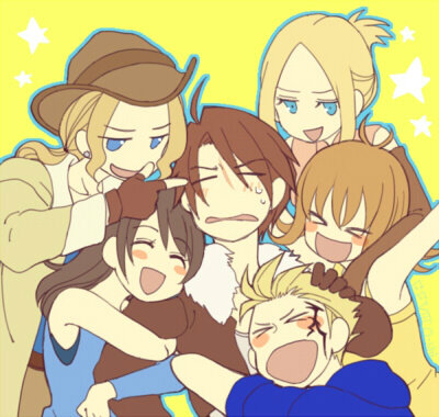 3boys 3girls annoyed arm_hug arm_warmers arms_up black_gloves black_hair black_jacket blue_eyes blue_jacket blue_shirt blush_stickers brown_coat brown_gloves brown_hair brown_pants closed_eyes coat commentary cowboy_hat dress earrings elbow_gloves elbow_on_another's_shoulder facial_tattoo final_fantasy final_fantasy_viii fingerless_gloves fur-trimmed_jacket fur_trim gloves group_hug hair_bun hand_on_another's_head happy hat high_collar hood hood_down hooded_jacket hug irvine_kinneas jacket jewelry leather_belt long_hair long_sleeves low_ponytail lowres multiple_boys multiple_girls nandakk_kato open_clothes open_jacket open_mouth outstretched_arms pants pink_shirt pointing pointing_at_another ponytail quistis_trepe rinoa_heartilly scar scar_on_face selphie_tilmitt shirt short_hair sidelocks simple_background smile spiked_hair squall_leonhart standing star_(symbol) stud_earrings sweatdrop tattoo tribal_tattoo upper_body white_shirt yellow_background yellow_dress yellow_theme zell_dincht