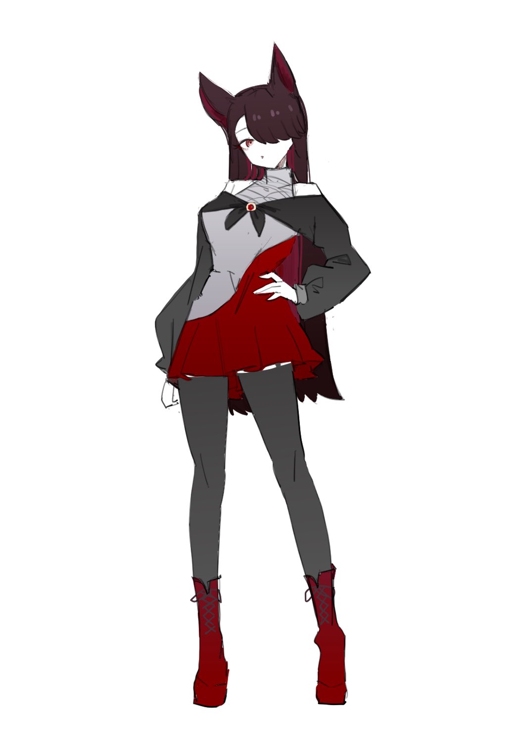 animal_ears boots brown_hair dress full_body hair_over_one_eye hand_on_own_hip highres imaizumi_kagerou looking_at_viewer multicolored_clothes multicolored_dress off-shoulder_dress off_shoulder red_footwear standing touhou white_background wolf_ears wolf_girl zenritsu