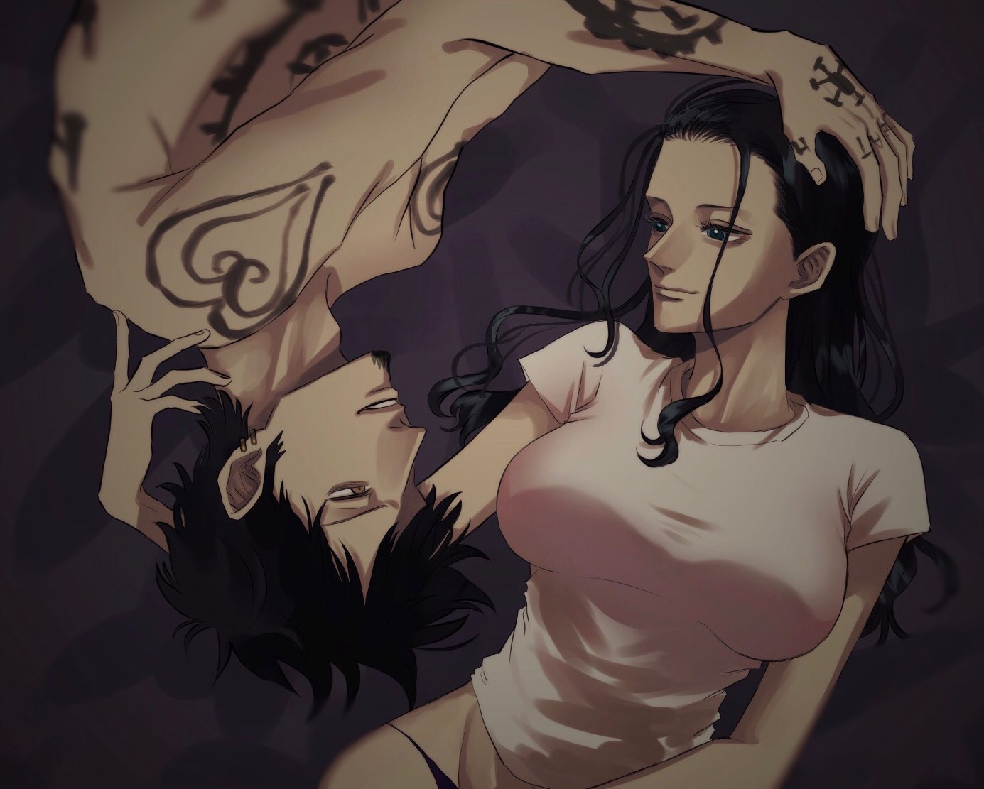 1boy 1girl arm_tattoo back_tattoo bed black_hair black_panties blue_eyes breasts chest_tattoo closed_mouth commentary_request couple earrings facial_hair goatee hand_on_another's_head hand_tattoo hetero indoors jewelry large_breasts long_hair looking_at_another nico_robin nsgw one_piece panties shirt short_hair short_sleeves shoulder_tattoo smile tattoo teeth topless_male trafalgar_law underwear upside-down white_shirt yellow_eyes