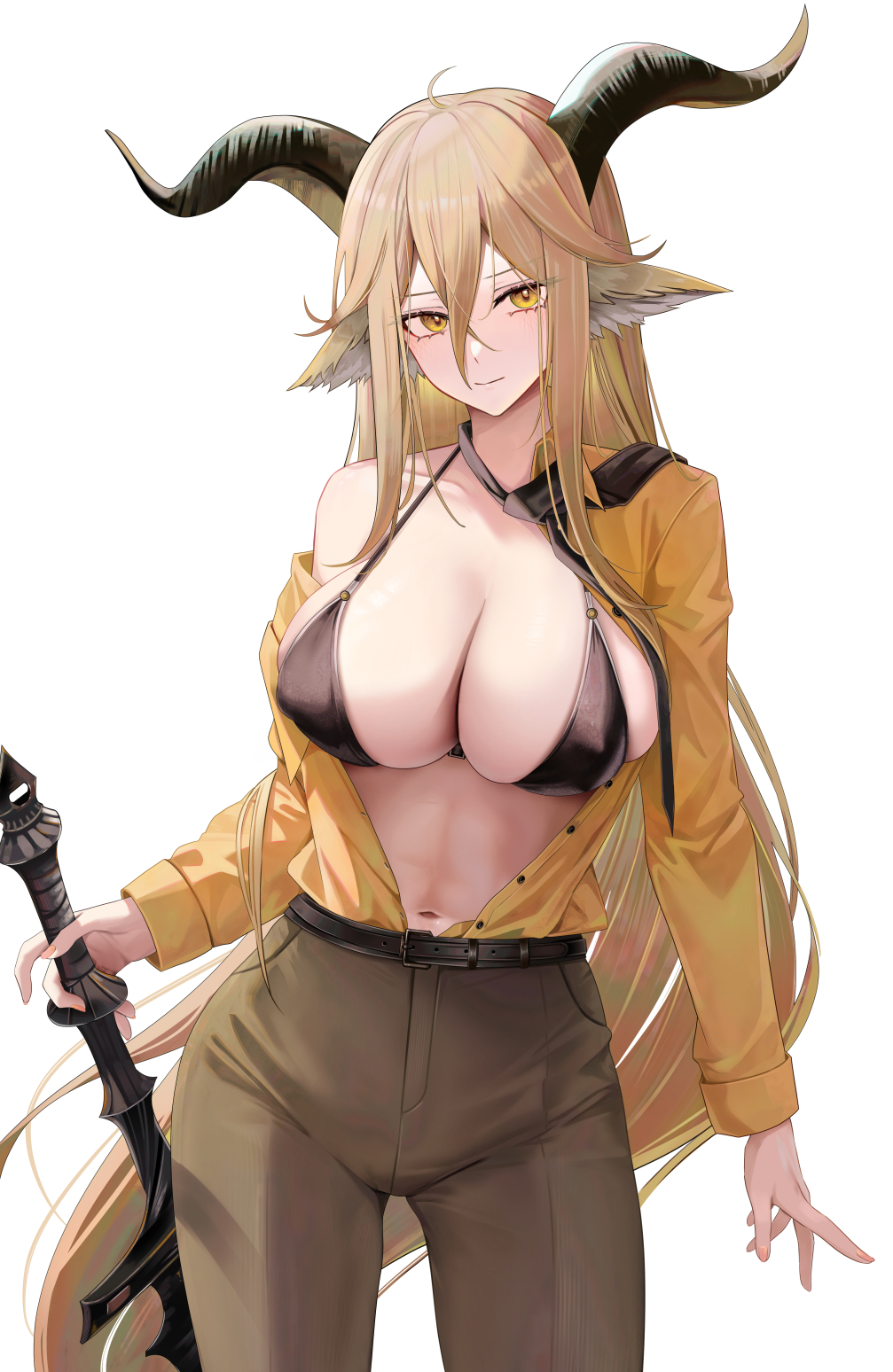 1girl absurdly_long_hair animal_ears arknights bare_shoulders belt black_bra black_necktie blonde_hair bra breasts brown_pants cleavage closed_mouth collarbone commentary cowboy_shot degenbrecher_(arknights) demon_horns goat_ears goat_girl goat_horns hair_between_eyes highres holding holding_sword holding_weapon horns large_breasts long_hair long_sleeves looking_at_viewer navel necktie open_clothes open_shirt orange_shirt pants ru_zhai shirt simple_background solo standing sword underwear very_long_hair weapon white_background yellow_eyes