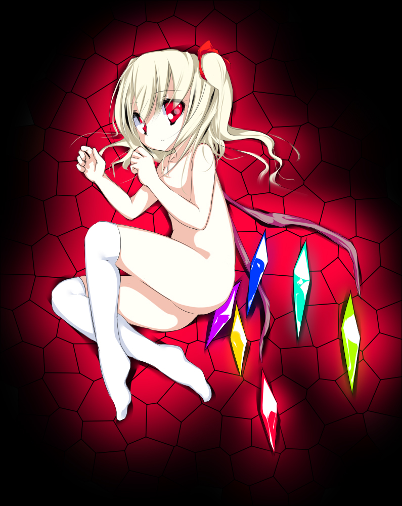 bangs blonde_hair closed_mouth crystal expressionless fetal_position flandre_scarlet from_above from_side full_body hair_ribbon long_hair looking_at_viewer lying no_hat no_headwear nude on_side one_side_up oouso red_background red_eyes red_ribbon ribbon solo thighhighs touhou white_legwear wings