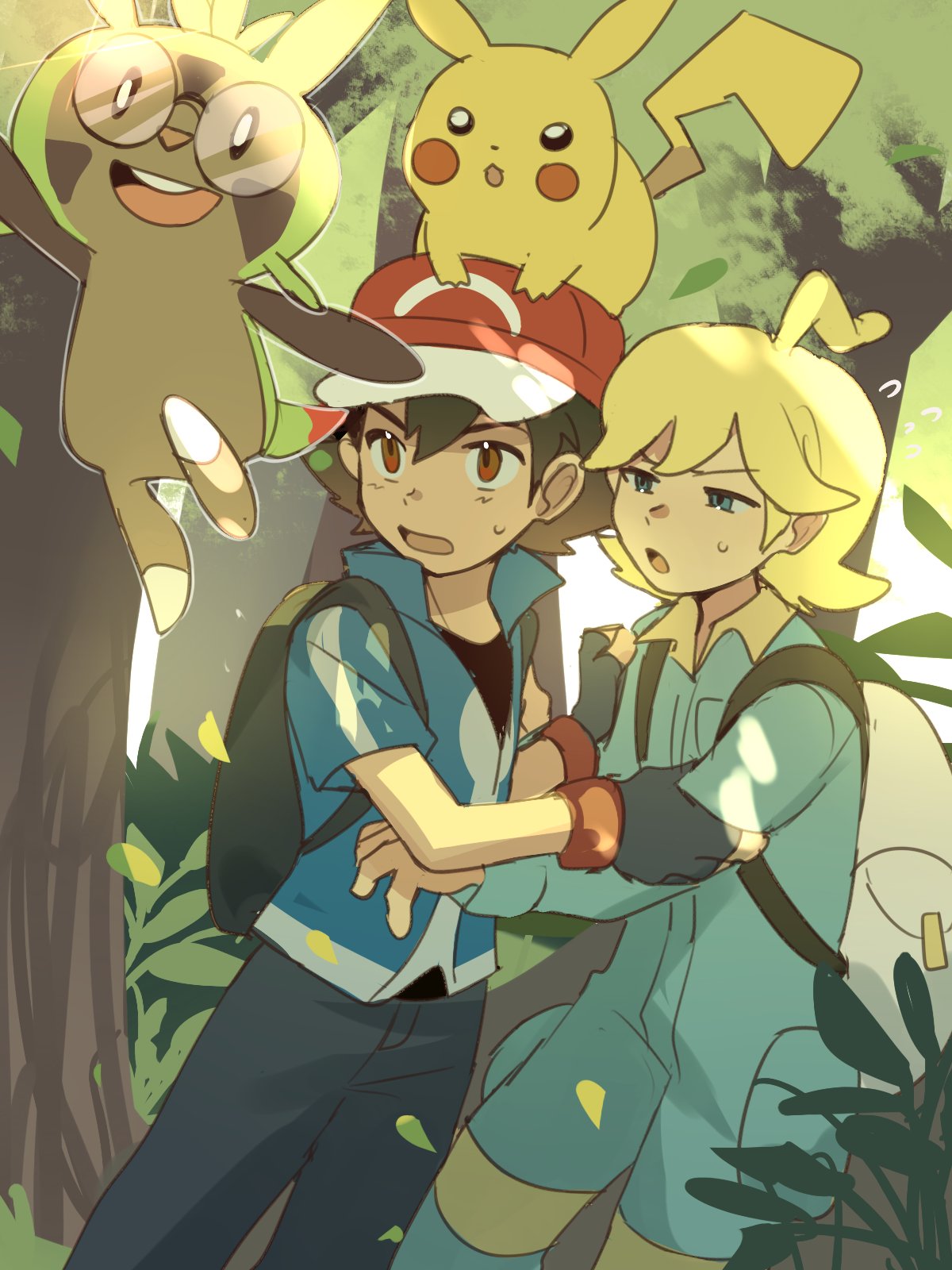2boys :o ahoge ash_ketchum backpack bag black_pants black_shirt blonde_hair blue_jacket brown_eyes chespin clemont_(pokemon) commentary_request day fingerless_gloves gloves hat highres jacket jumpsuit male_focus multiple_boys on_head open_mouth outdoors pants pikachu pokemon pokemon_(anime) pokemon_(creature) pokemon_on_head pokemon_xy_(anime) red_headwear shirt short_sleeves squinting standing suikaels sweatdrop