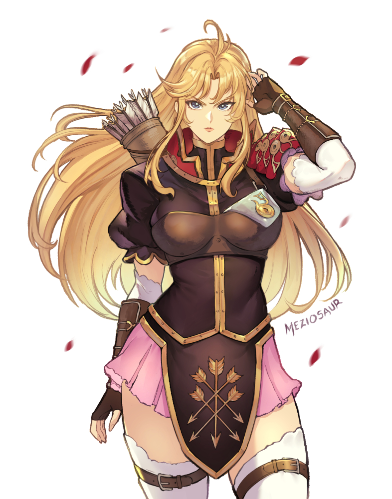1girl arrow_(projectile) artist_name blonde_hair blue_eyes brown_gloves clarisse_(fire_emblem) closed_mouth commentary commission english_commentary fingerless_gloves fire_emblem fire_emblem:_new_mystery_of_the_emblem gloves lips long_hair looking_at_viewer meziosaur parted_bangs petals pink_lips pink_skirt puffy_short_sleeves puffy_sleeves quiver short_sleeves simple_background skirt solo thighhighs white_background white_thighhighs