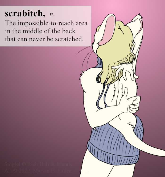 2022 anthro blonde_hair clothing cybercorn_entropic cynthia_boggs definition english_text female fur hair mammal meme meme_clothing mouse murid murine pink_background rodent scratching_back scratching_self simple_background sniglets solo sweater text topwear virgin_killer_sweater whiskers white_body white_fur