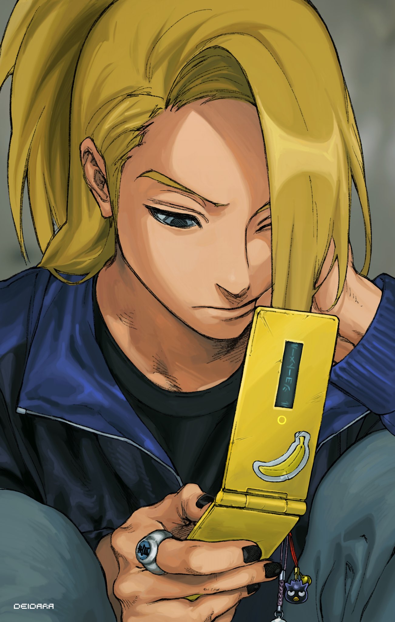 1boy banana black_nails black_shirt blonde_hair blue_jacket casual cellphone cellphone_charm character_name charm_(object) deidara_(naruto) flip_phone food fruit grey_background grey_pants hair_over_one_eye highres holding holding_phone jacket jewelry knees_up long_hair long_sleeves looking_down male_focus nail_polish naruto_(series) naruto_shippuuden one_eye_covered pants phone ponytail ring shirt sitting solo sticker umkaqryi upper_body