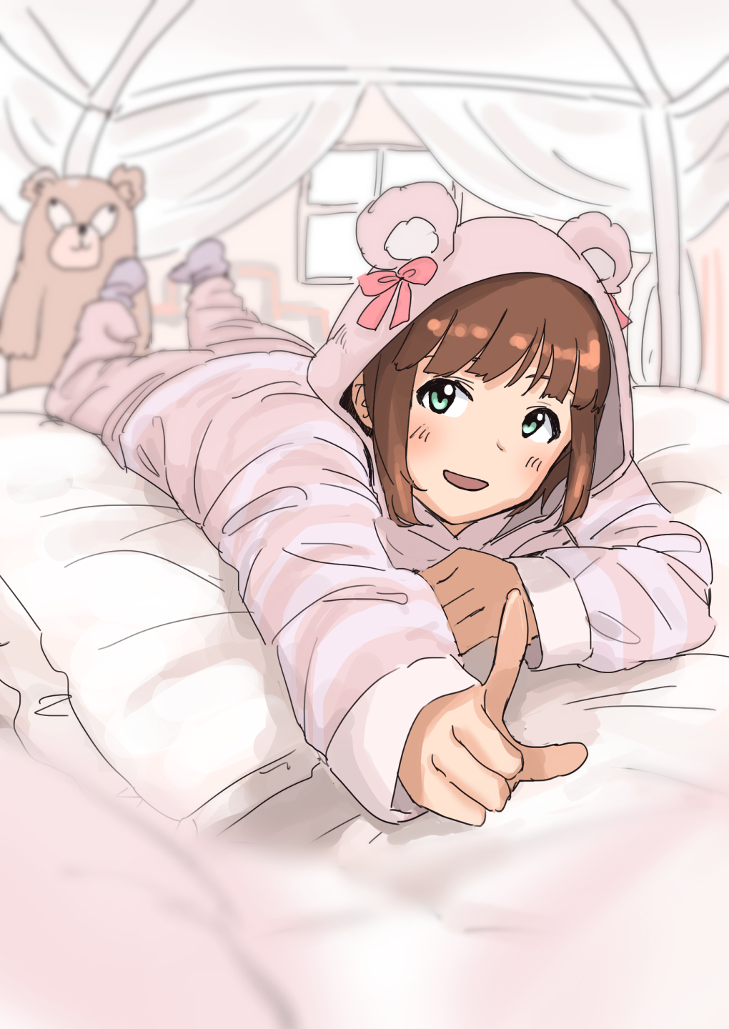 1girl amami_haruka animal_hood annko aqua_eyes bed blunt_bangs blurry blurry_background blurry_foreground blush brown_hair canopy_bed curtains eyelashes hair_ribbon highres hood idolmaster idolmaster_(classic) idolmaster_million_live! idolmaster_million_live!_theater_days index_finger_raised lying on_bed on_stomach pajamas pillow pink_pajamas pink_ribbon ribbon smile solo stuffed_animal stuffed_toy teddy_bear window