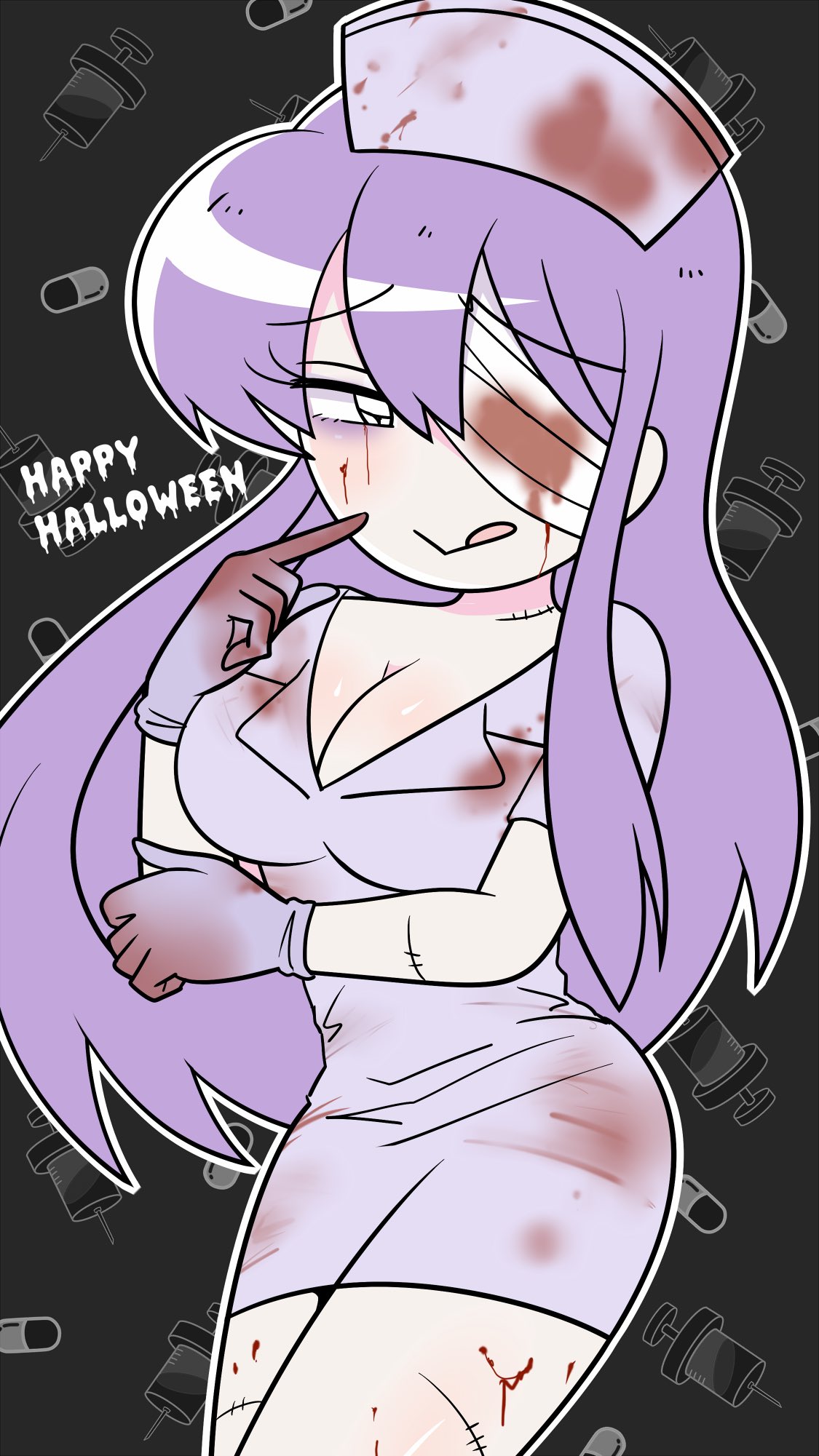 1girl :p bandage_over_one_eye black_eyes black_hair blood blood_on_clothes blood_on_face blood_on_leg blood_stain breasts cleavage ezaki_bisuko gloves hair_between_eyes halloween halloween_costume hand_on_own_arm happy_halloween hat highres large_breasts long_hair menhera-chan_(ezaki_bisuko) nurse nurse_cap outline patterned_background pill pointing pointing_at_self purple_hair seductive_smile smile solo stain stitches syringe tongue tongue_out white_outline yumekawa-chan_(ezaki_bisuko)