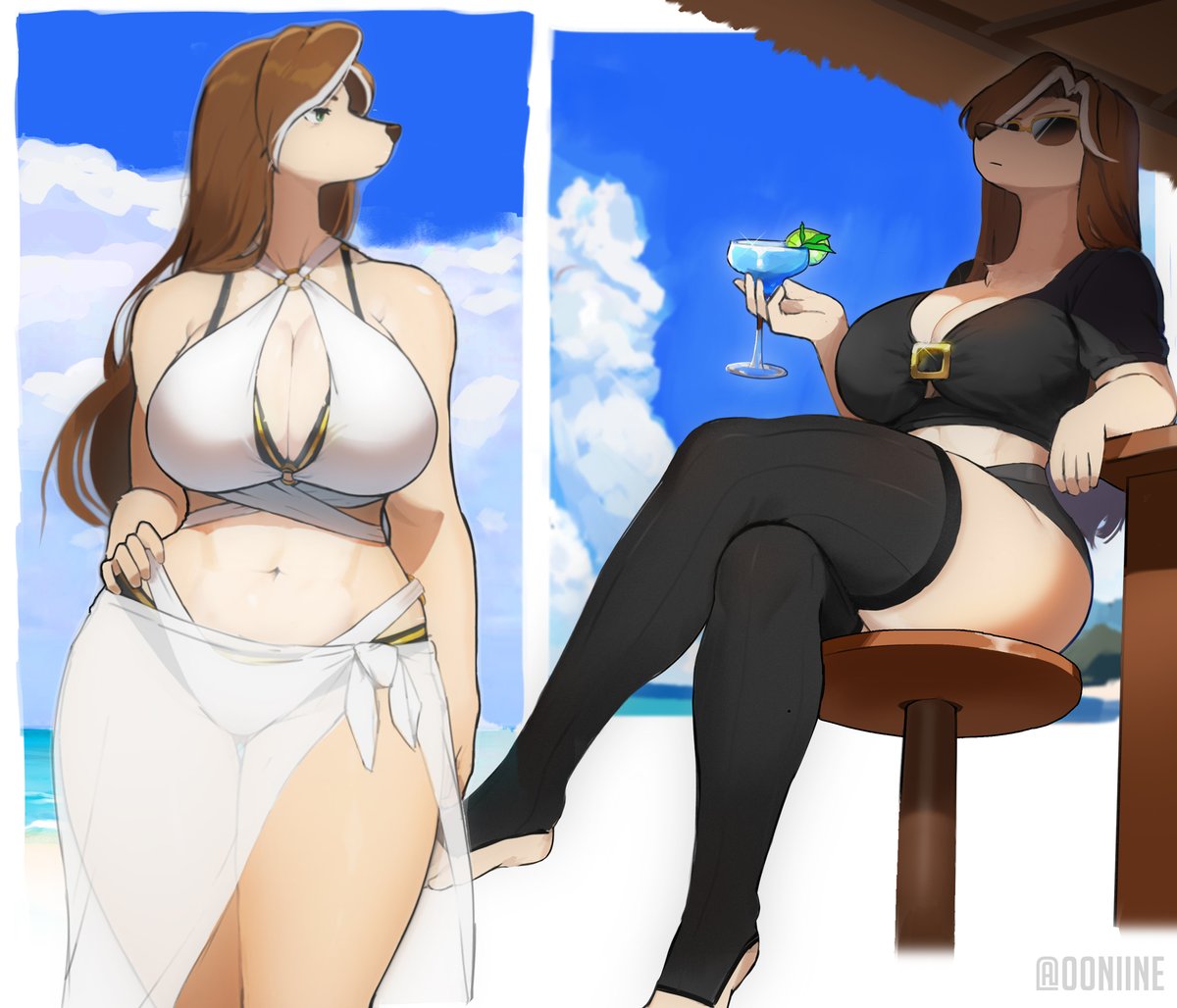 00niine 2024 5_fingers alcohol anthro beach beverage black_clothing breasts brown_hair canid canine canis cleavage clothed clothing container crossed_legs cup domestic_dog drinking_glass elysia_(00niine) eyewear female fingers glass glass_container glass_cup green_eyes hair highlights_(coloring) holding_beverage holding_container holding_cup holding_object long_hair mammal mature_anthro mature_female seaside sitting solo sunglasses white_clothing white_highlights