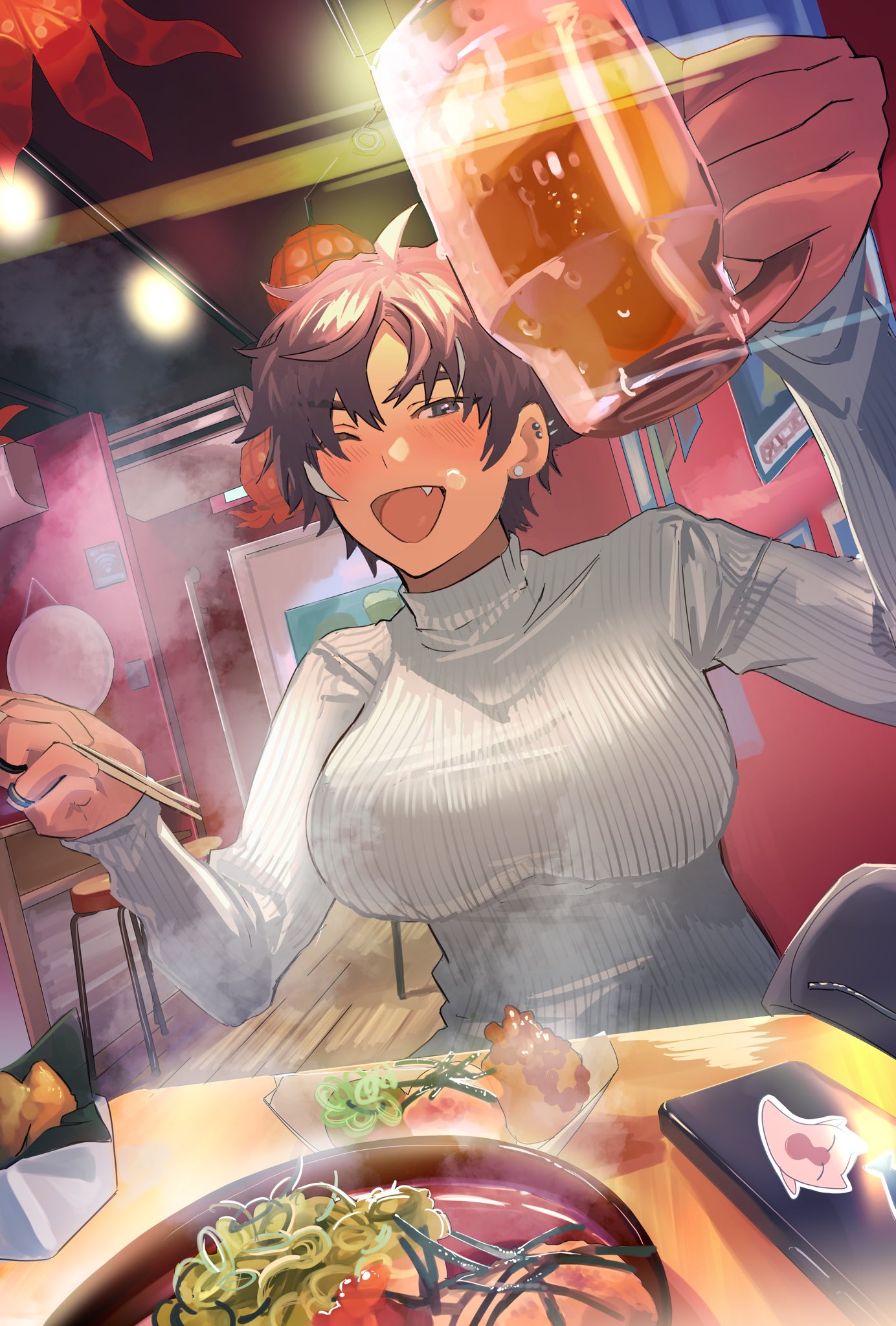 1girl bar_stool beer_mug black_hair blush bon_(vtuber) breasts chopsticks commission cup dark-skinned_female dark_skin ear_piercing earrings fang food grey_eyes highres holding holding_chopsticks holding_cup indie_virtual_youtuber jewelry large_breasts mug multicolored_hair one_eye_closed open_mouth phone piercing ribbed_sweater second-party_source skeb_commission solo stool streaked_hair sweater table turtleneck turtleneck_sweater uezono_(mms) virtual_youtuber white_hair white_sweater