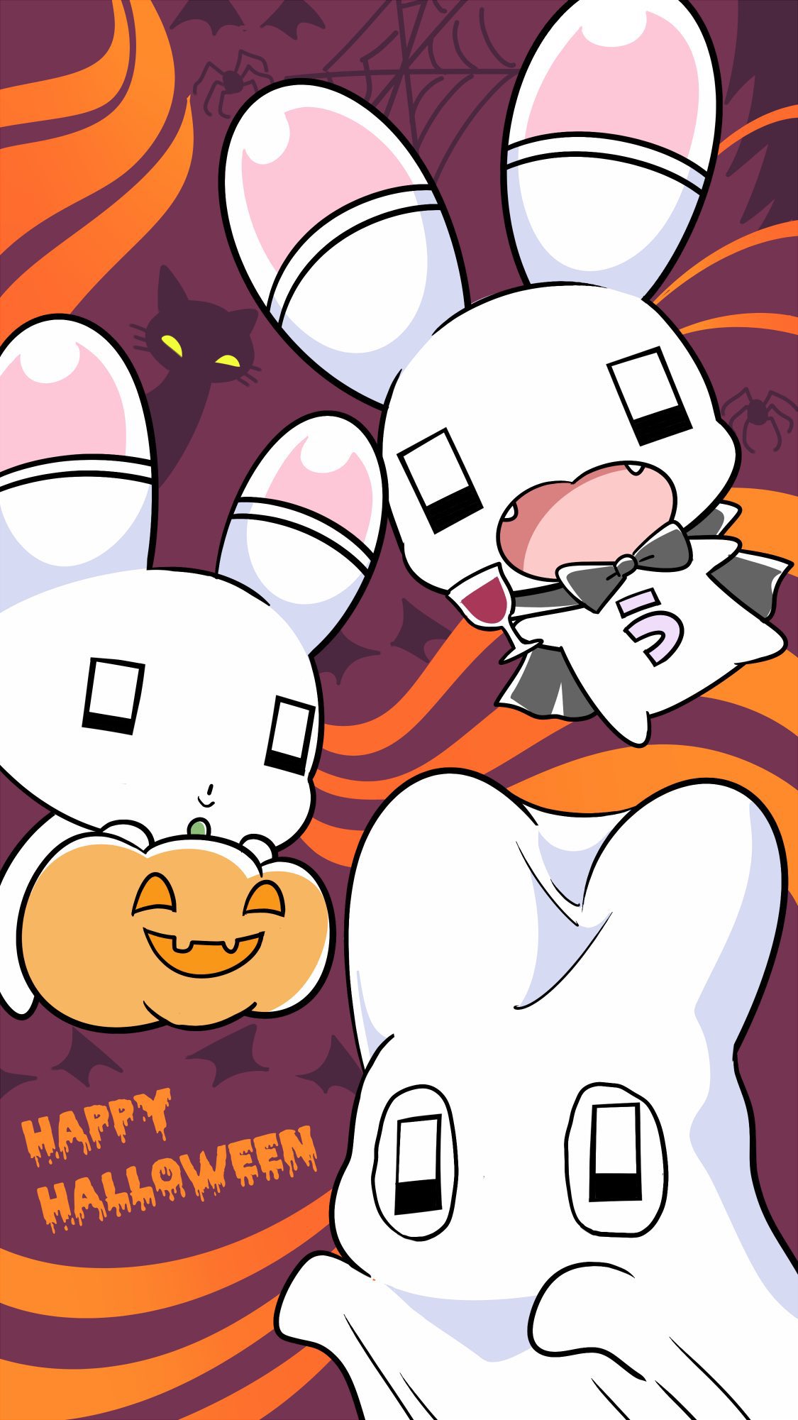 animal animal_ears black_bow black_bowtie black_cape bow bowtie bug cape cat cup ezaki_bisuko fangs food ghost_costume happy_halloween highres holding holding_food holding_pumpkin holding_vegetable jack-o'-lantern mascot menhera-chan_(ezaki_bisuko) multiple_views orange_background patterned_background pumpkin purple_background rabbit rabbit_ears silk spider spider_web tree usatan_(ezaki_bisuko) vegetable