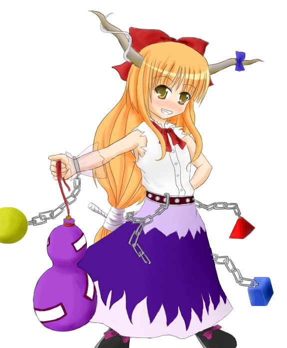 :d artist_request ball belt blonde_hair bottle bow bowtie buckle buttons chain cube full_body gourd green_eyes grin hair_bow hand_on_hip horns ibuki_suika long_hair looking_at_viewer open_mouth outstretched_arm red_bow red_neckwear see-through shoes sidelocks smile solo teeth touhou triangle very_long_hair wrist_cuffs