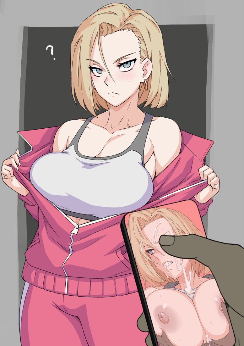 1boy 1girl after_fellatio android_18 blonde_hair blue_eyes blush breasts bukkake cellphone cellphone_photo cleavage commentary_request cum cum_in_mouth cum_on_body cum_on_breasts cum_on_clothes cum_on_hair dragon_ball dragon_ball_super earrings ejaculation facial hetero holding holding_phone jacket jewelry juxtaposition large_breasts long_sleeves looking_at_viewer mikoyan navel nipples paizuri pants penis phone pink_track_suit pov pov_hands short_hair simple_background smartphone solo_focus track_jacket track_pants track_suit