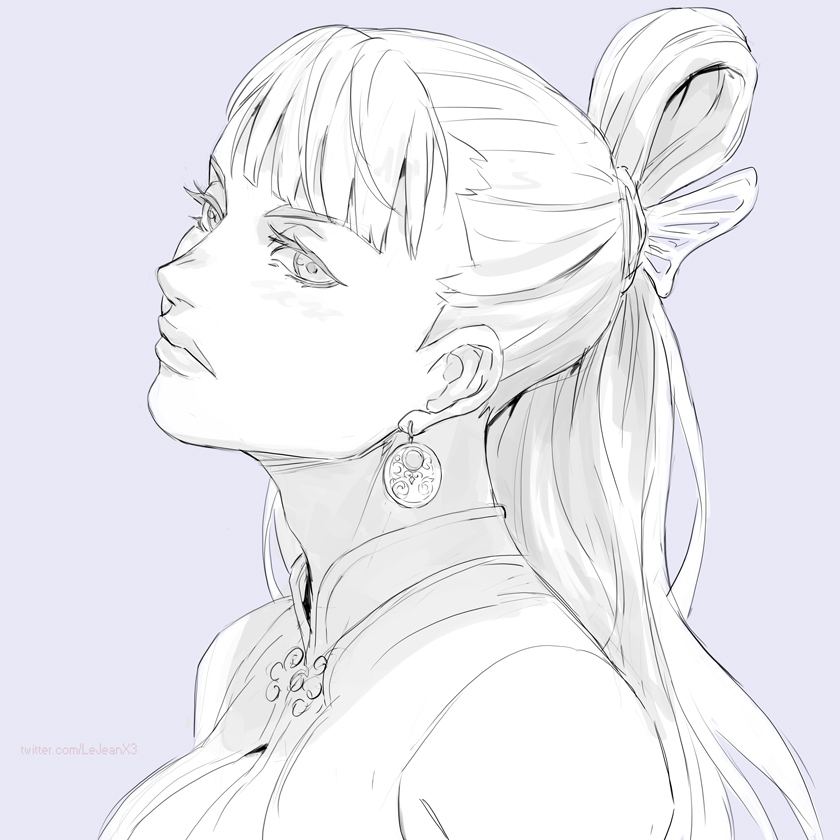 blunt_bangs chun-li disappointed earrings hair_ornament hairclip high_collar jewelry lipstick makeup monochrome official_alternate_costume official_alternate_hairstyle ponytail simple_background sketch street_fighter unfinished