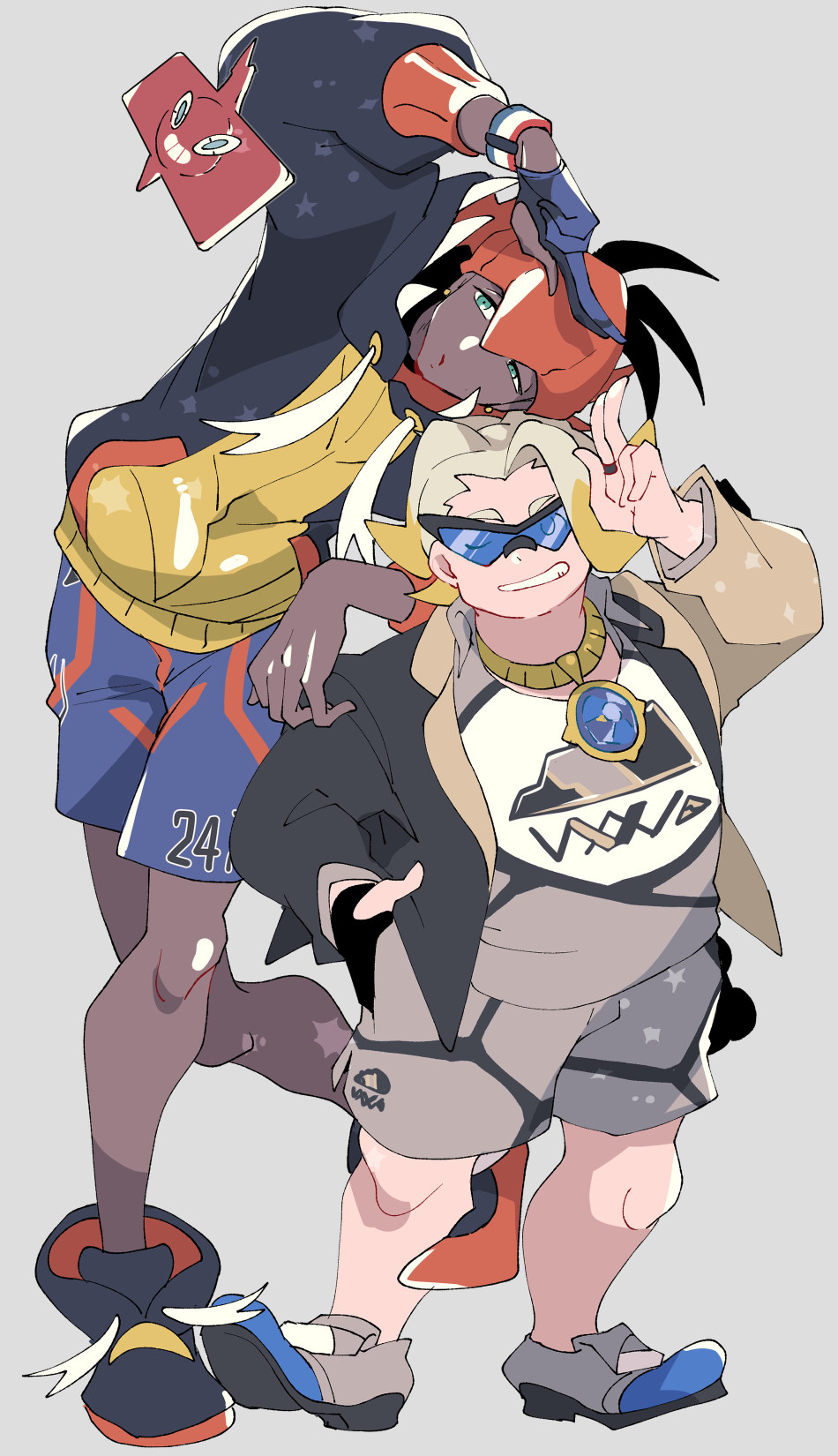 2boys black-framed_eyewear black_hair black_hoodie blonde_hair blue-tinted_eyewear dark-skinned_male dark_skin dynamax_band gordie_(pokemon) grin headband highres hood hoodie jewelry male_focus maruboku multicolored_hair multiple_boys one_eye_closed orange_headband orange_headwear pokemon pokemon_(creature) pokemon_swsh raihan_(pokemon) rotom rotom_phone short_hair smile sunglasses tinted_eyewear two-tone_hair white_hair