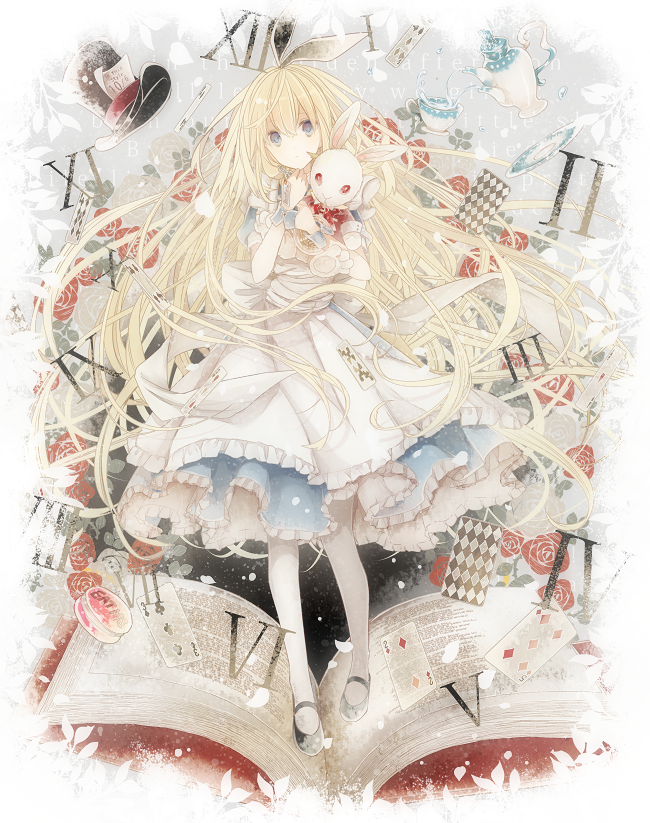 1girl alice_(alice_in_wonderland) alice_in_wonderland black_footwear blonde_hair blue_dress blue_eyes book bottle card character_doll cup dress eat_me expressionless five_of_diamonds frilled_dress frills full_body hat holding holding_bottle looking_at_viewer open_book pima_mashiro playing_card roman_numeral saucer solo standing stuffed_animal stuffed_rabbit stuffed_toy teacup teapot three_of_clubs top_hat two_of_diamonds white_rabbit_(alice_in_wonderland) wrist_cuffs