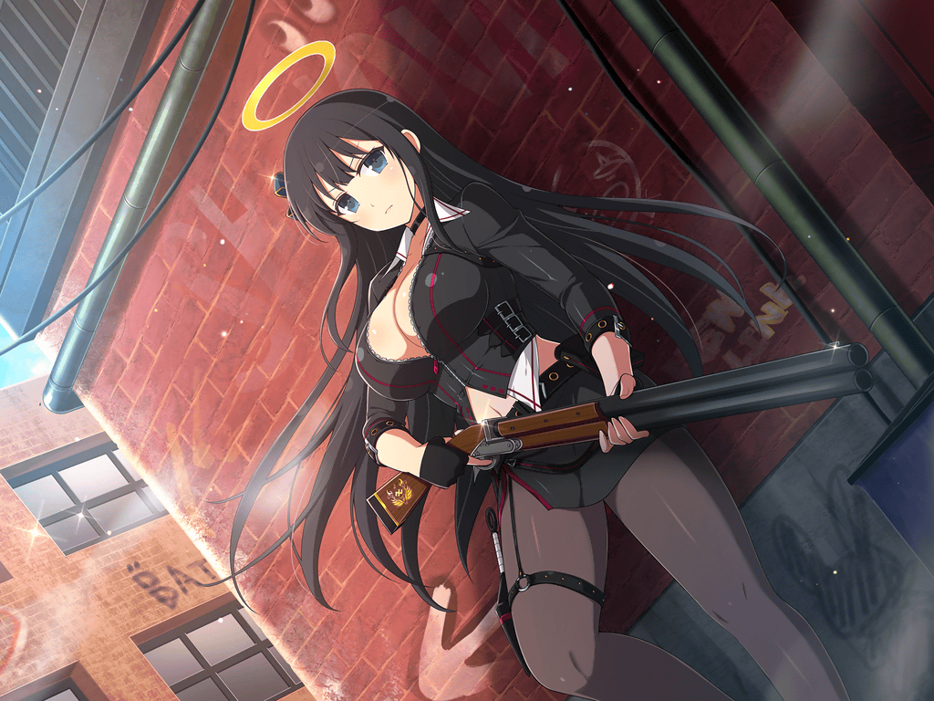 1girl alley black_hair blue_eyes bodysuit bow breasts brick_wall building choker cleavage closed_mouth day fingerless_gloves garter_straps gloves graffiti gun hair_bow halo holding holding_gun holding_weapon jacket kunai large_breasts leaning_on_object leather leather_jacket long_hair midriff navel non-web_source official_art pantyhose ryouki_(senran_kagura) senran_kagura senran_kagura_new_link serious shotgun skirt weapon wire zipper