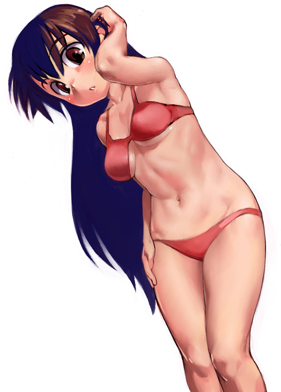 abs adjusting_hair arm_up bikini brown_eyes brown_hair copyright_request hand_on_hip long_hair parted_lips red_bikini ribs satou_toshiyuki simple_background solo swimsuit white_background