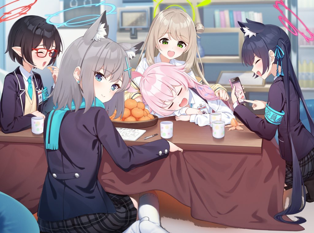 5girls ahoge animal_ear_fluff animal_ears ayane_(blue_archive) black_bow black_hair black_jacket blanket blazer blue_archive blue_eyes blue_halo blue_necktie blue_scarf book bookshelf bottle bow brown_hair cardigan cat_ears closed_eyes collared_shirt commentary_request covering_with_blanket cross_hair_ornament cup drooling extra_ears fang food fruit glasses green_eyes green_halo green_tea grey_hair hair_bow hair_bun hair_ornament halo hoshino_(blue_archive) id_card jacket kotatsu light_brown_hair mandarin_orange medium_hair multiple_girls necktie nonomi_(blue_archive) open_mouth orange_peel pink_hair pink_halo pizza_(pizzania_company) plaque pointy_ears porcelain red-framed_eyewear red_halo saliva scarf serika_(blue_archive) shiroko_(blue_archive) shirt short_hair single_side_bun sleeping sleeping_on_desk smile suspenders table tea twintails white_shirt wolf_ears yellow_cardigan