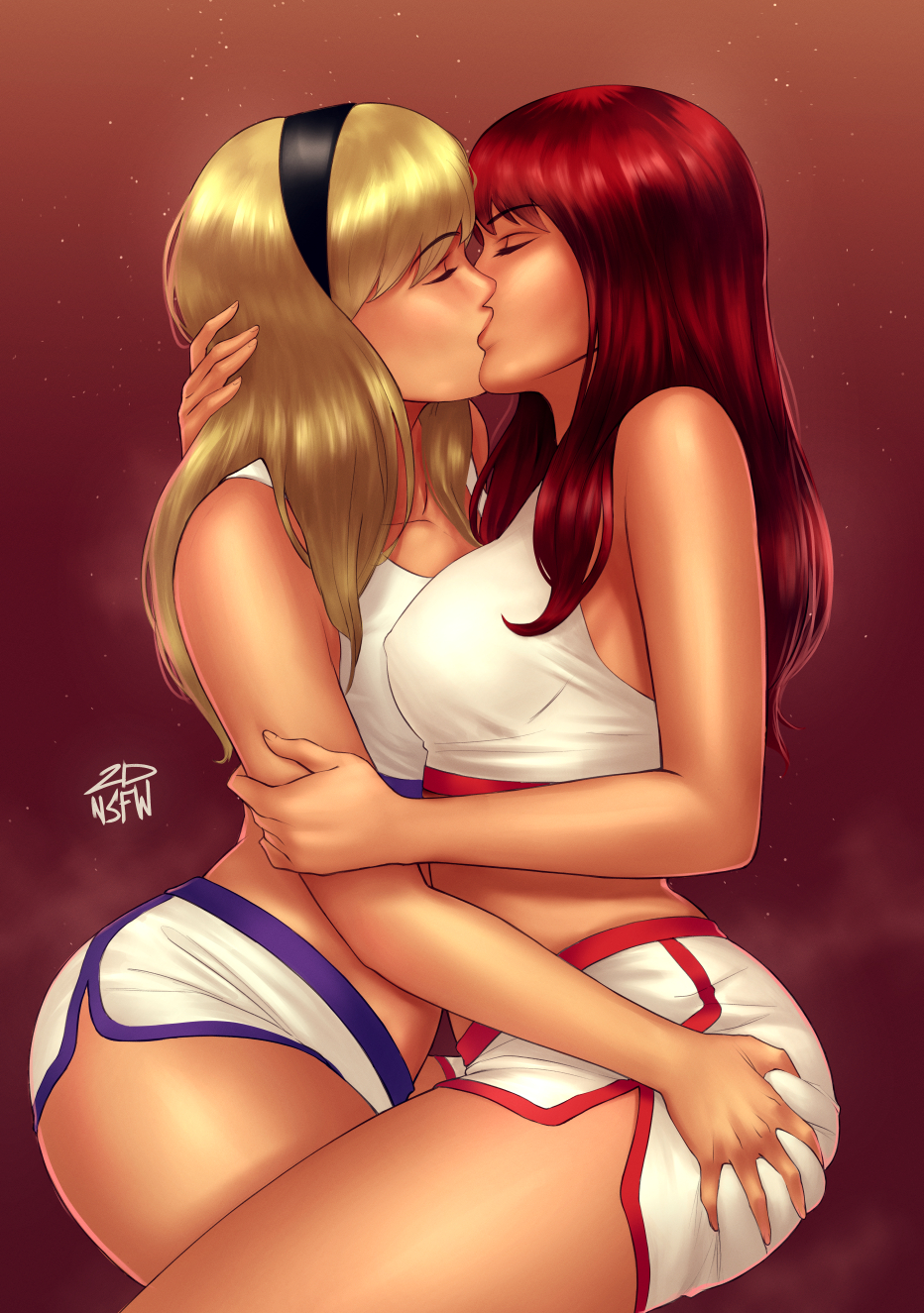 2dswirl 2girls artist_name ass_grab blonde_hair breast_press breasts closed_eyes commission covered_nipples crop_top french_kiss girl_kisses_girl grabbing_another's_ass groping gwen_stacy gym_shirt gym_shorts gym_uniform hairband hand_on_another's_arm hand_on_another's_head highres hug kiss large_breasts long_hair marvel mary_jane_watson multiple_girls night passionate_kiss pixiv_commission red_background red_hair shirt shorts signature sky spider-man_(series) star_(sky) thighs yuri