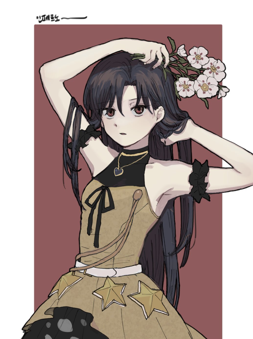 1girl 8_8ghost adjusting_hair arm_above_head armband armpits bare_shoulders belt black_armband blue_hair border bouquet breasts brown_dress collarbone cowboy_shot dress expressionless eyelashes frilled_armband frills heart heart_necklace highres holding holding_bouquet idolmaster idolmaster_(classic) idolmaster_million_live! idolmaster_million_live!_theater_days jewelry kisaragi_chihaya long_hair necklace parted_lips red_background red_eyes sleeveless sleeveless_dress small_breasts solo star_(symbol) straight_hair swept_bangs very_long_hair white_belt white_border
