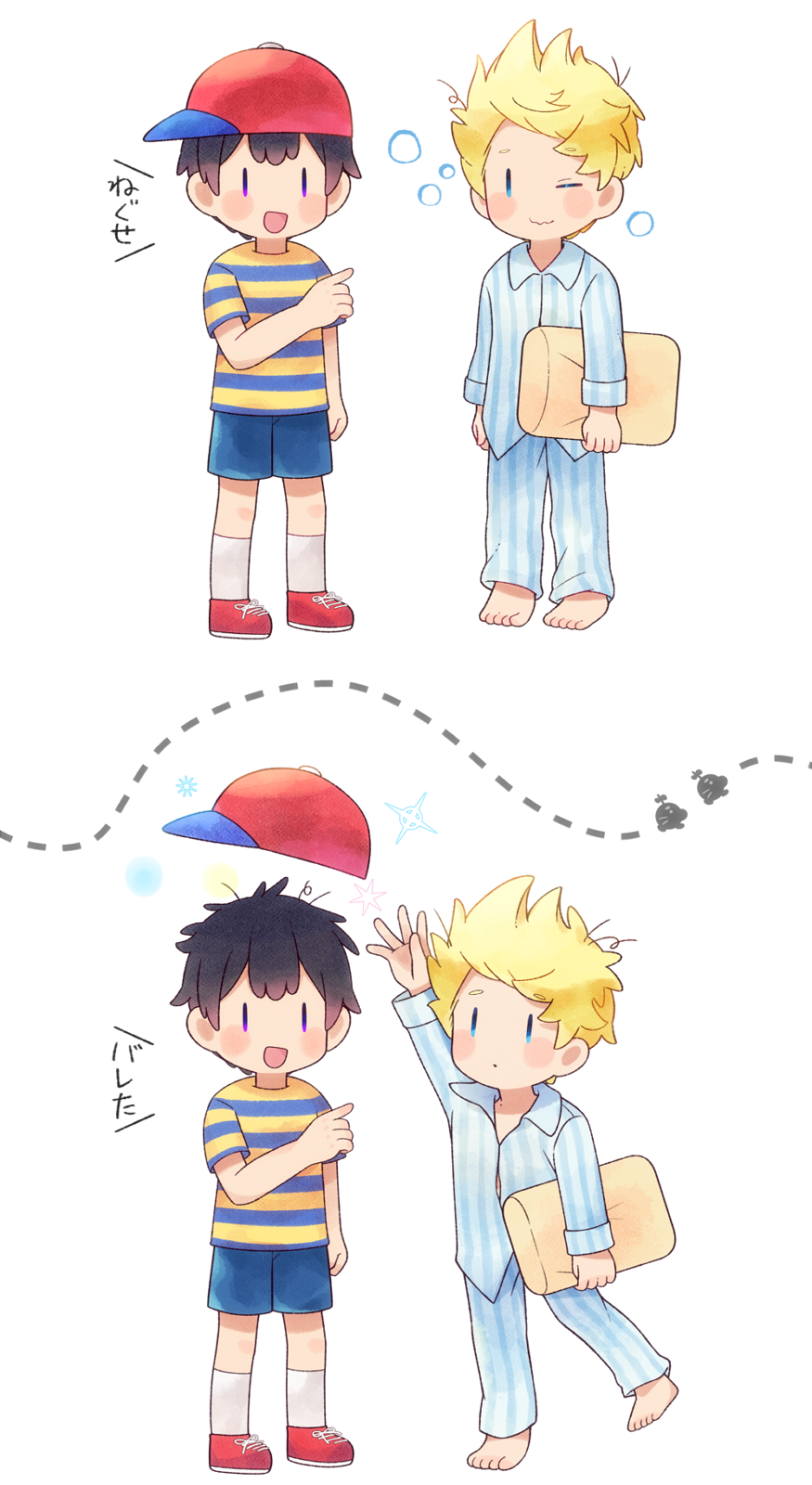 0mzum1 2boys :d :o barefoot baseball_cap black_hair blonde_hair blue_eyes blue_pajamas blue_pants blue_shirt blue_shorts blush blush_stickers closed_mouth collared_shirt commentary_request doseisan dotted_line feet hand_up hat highres holding holding_pillow index_finger_raised long_sleeves lucas_(mother_3) male_focus messy_hair mother_(game) mother_2 mother_3 multiple_boys multiple_views ness_(mother_2) one_eye_closed open_mouth pajamas pants pillow pointing pointing_at_another purple_eyes quiff red_footwear red_headwear shirt shoes short_hair short_sleeves shorts sideways_hat simple_background sleep_bubble sleepy smile socks standing striped_clothes striped_pajamas striped_pants striped_shirt t-shirt telekinesis toes translation_request two-tone_shirt wavy_mouth white_background white_socks yellow_shirt