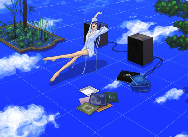 blue chair cloud copyright_request kawamura_rukanan naked_shirt plant plantar_flexion shirt solo speaker stretch
