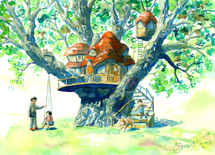 2boys 2girls animal black_hair building child dog door glasses hood hoodie itou_michirou ladder long_hair medium_hair multiple_boys multiple_girls original outdoors pants railing running scenery shiba_inu shirt shoes short_hair signature sitting stairs standing sweater swing tire tire_swing traditional_media tree treehouse twintails wide_shot window