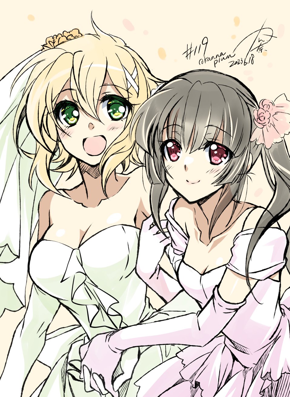 2girls akatsuki_kirika black_hair blonde_hair blunt_bangs breasts bridal_veil bride dress gloves green_eyes hair_ornament highres kanna_(plum) long_hair medium_breasts multiple_girls off-shoulder_dress off_shoulder pink_dress pink_eyes senki_zesshou_symphogear short_hair small_breasts strapless strapless_dress tsukuyomi_shirabe twintails veil wedding_dress white_dress wife_and_wife x_hair_ornament