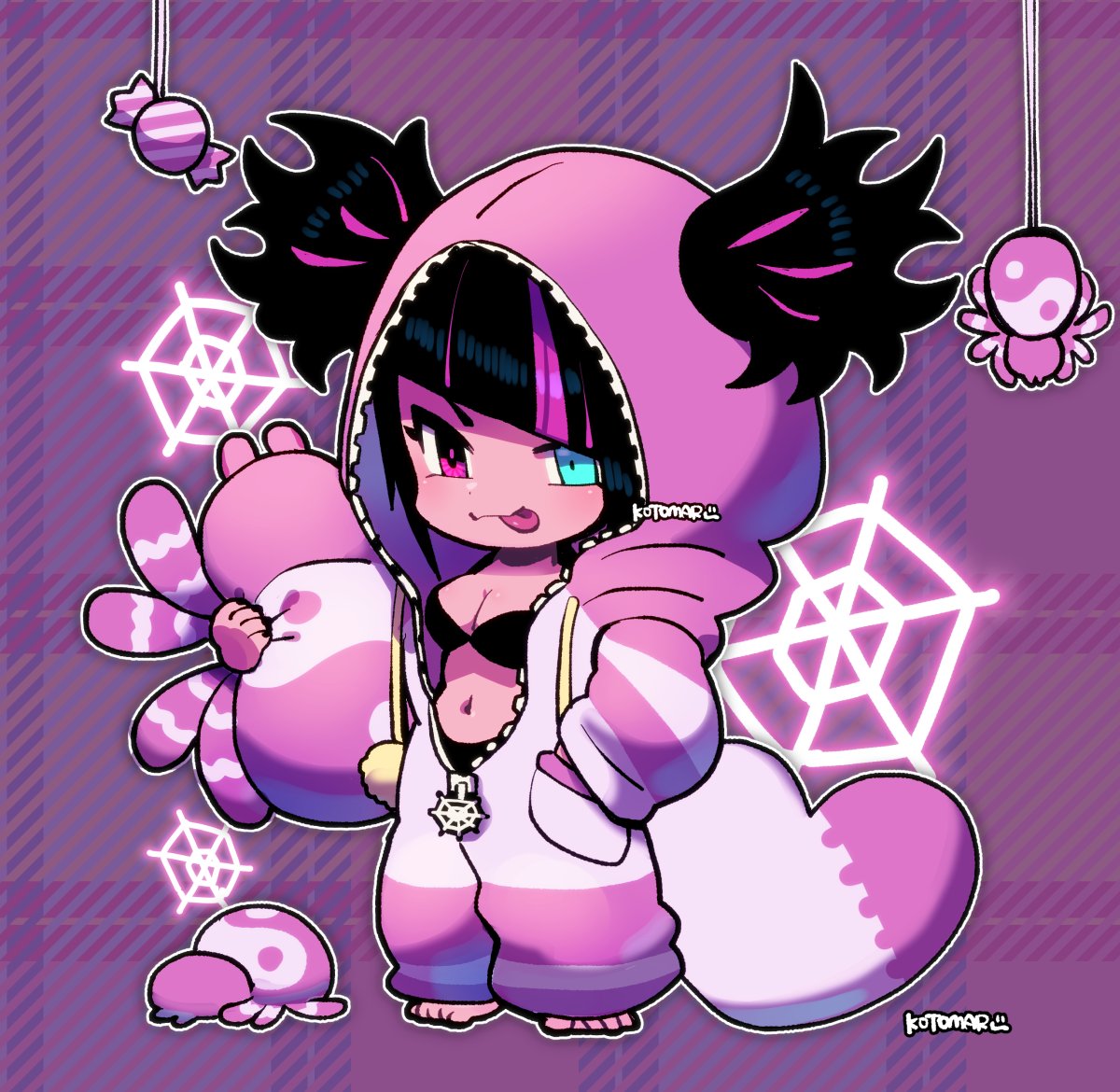 1girl barefoot black_bra black_hair blue_eyes bra breasts cleavage diagonal_bangs full_body han_juri hand_in_pocket heterochromia holding holding_stuffed_toy hood hood_up kotorai midriff multicolored_hair official_alternate_costume pink_eyes purple_background silk solo spider_web standing streaked_hair street_fighter stuffed_animal stuffed_spider stuffed_toy tongue tongue_out twintails underwear