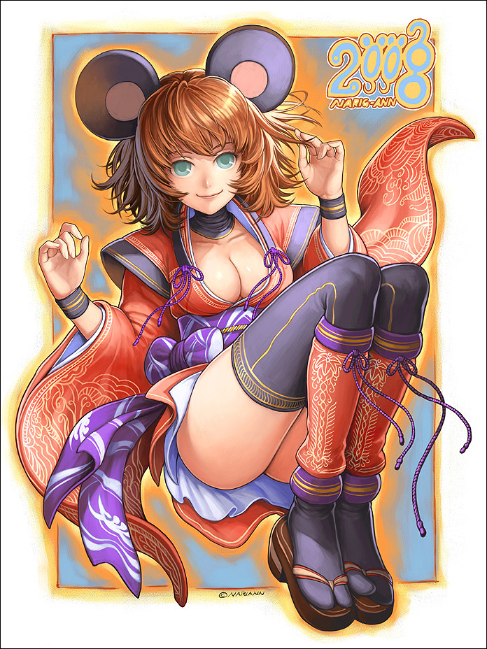 2008 animal_ears chinese_zodiac copyright_request japanese_clothes kimono mouse_ears nariann new_year solo thighhighs year_of_the_rat