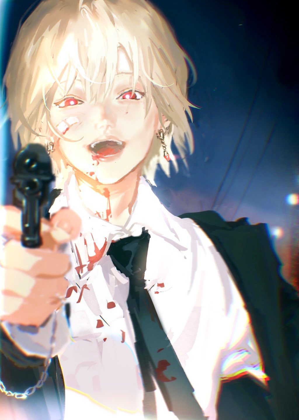 1boy 637_00e_seran aiming aiming_at_viewer bandaid bandaid_on_cheek bandaid_on_face black_jacket black_necktie blonde_hair blood blood_on_clothes blood_on_face blurry chain collared_shirt commentary depth_of_field earrings gun hand_up handgun highres holding holding_gun holding_weapon hunter_x_hunter jacket jewelry kurapika long_sleeves male_focus necktie open_mouth outstretched_arm power_lines red_eyes shirt short_hair sky solo suit twilight upper_body weapon white_shirt