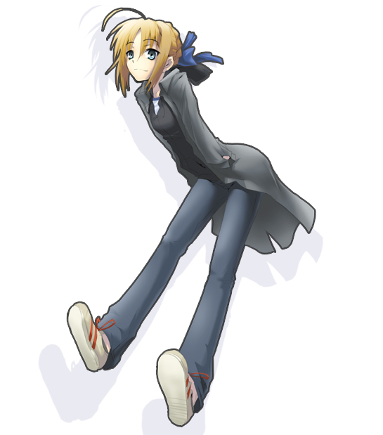 ahoge artist_request artoria_pendragon_(all) blonde_hair casual fate/stay_night fate_(series) green_eyes saber shoes sneakers solo