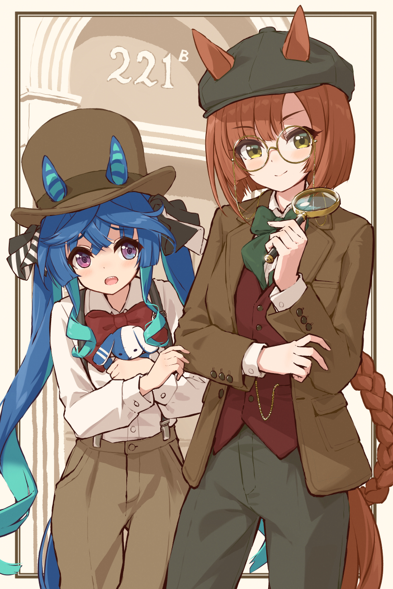 2girls @_@ alternate_costume animal_ears aqua_hair blue_eyes blue_hair blunt_ends bob_cut border bow bowler_hat bowtie braid brown_headwear brown_jacket brown_pants buttoned_cuffs cabbie_hat chain closed_mouth collared_shirt commentary cowboy_shot crossed_bangs detective ears_through_headwear eyewear_strap gold_chain grabbing_another's_arm green_bow green_bowtie green_headwear green_pants hair_bow hand_up hat heterochromia highres holding holding_magnifying_glass holding_stuffed_toy horse_ears horse_girl horse_tail ikuno_dictus_(umamusume) jacket lapels light_blush long_hair long_sleeves looking_at_another looking_at_viewer magnifying_glass mikuru_ism multicolored_hair multiple_girls notched_lapels open_clothes open_jacket open_mouth outside_border pants purple_eyes raised_eyebrows red_bow red_bowtie red_vest round_eyewear sepia_background shirt shirt_tucked_in sidelocks single_braid smile striped_bow stuffed_animal stuffed_rabbit stuffed_toy suspenders tail twin_turbo_(umamusume) twintails two-tone_hair umamusume very_long_hair vest white_shirt yellow-framed_eyewear yellow_eyes
