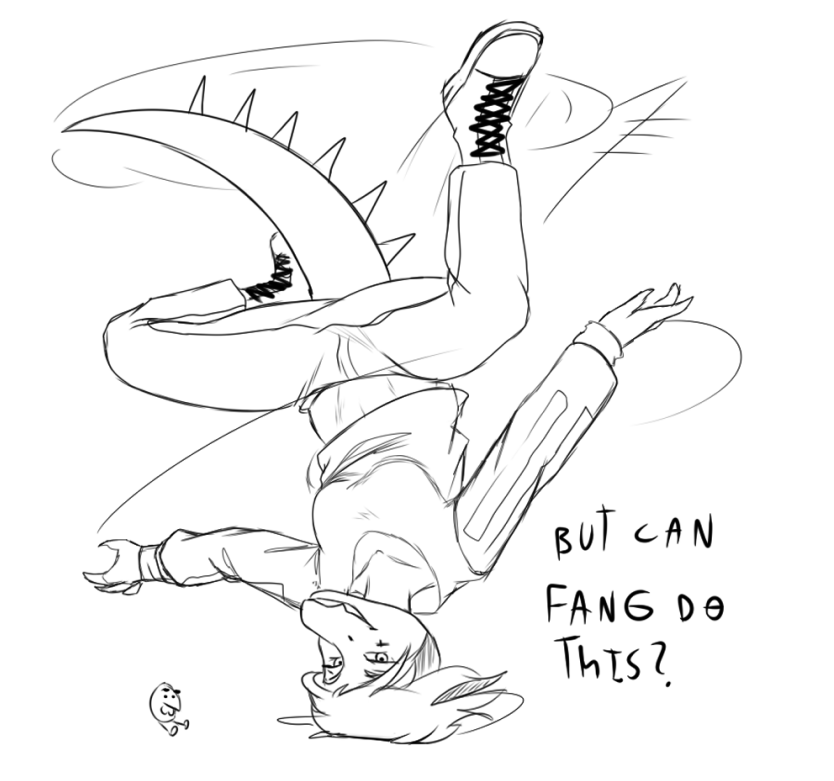 2023 anthro baryonyx black_and_white breakdancing clothing crossgender dialogue dinosaur english_text female footwear goodbye_volcano_high hair long_sleeve_shirt long_tail looking_at_viewer monochrome mtf_crossgender nick_(gvh) prometheuzone reptile scalie shoes short_hair sketch smile sneakers snout solo spiked_tail spikes spikes_(anatomy) spinosaurid tail talking_to_viewer text theropod upside_down