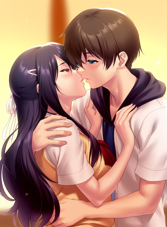 1boy 1girl aqua_eyes arms_around_neck black_hair blurry blurry_background blush brown_hair commentary_request commission couple eyelashes from_side hair_ornament hair_ribbon hairclip half-closed_eyes hand_on_another's_shoulder hands_on_another's_chest hetero hood hood_up hug imminent_kiss izanami_kyouko kamisama_ni_natta_hi long_hair narukami_youta parted_lips profile red_eyes ribbon school_uniform shirt short_hair short_sleeves sidelocks simple_background skeb_commission sweater_vest upper_body white_ribbon white_shirt yellow_sweater_vest zen_(kamuro)