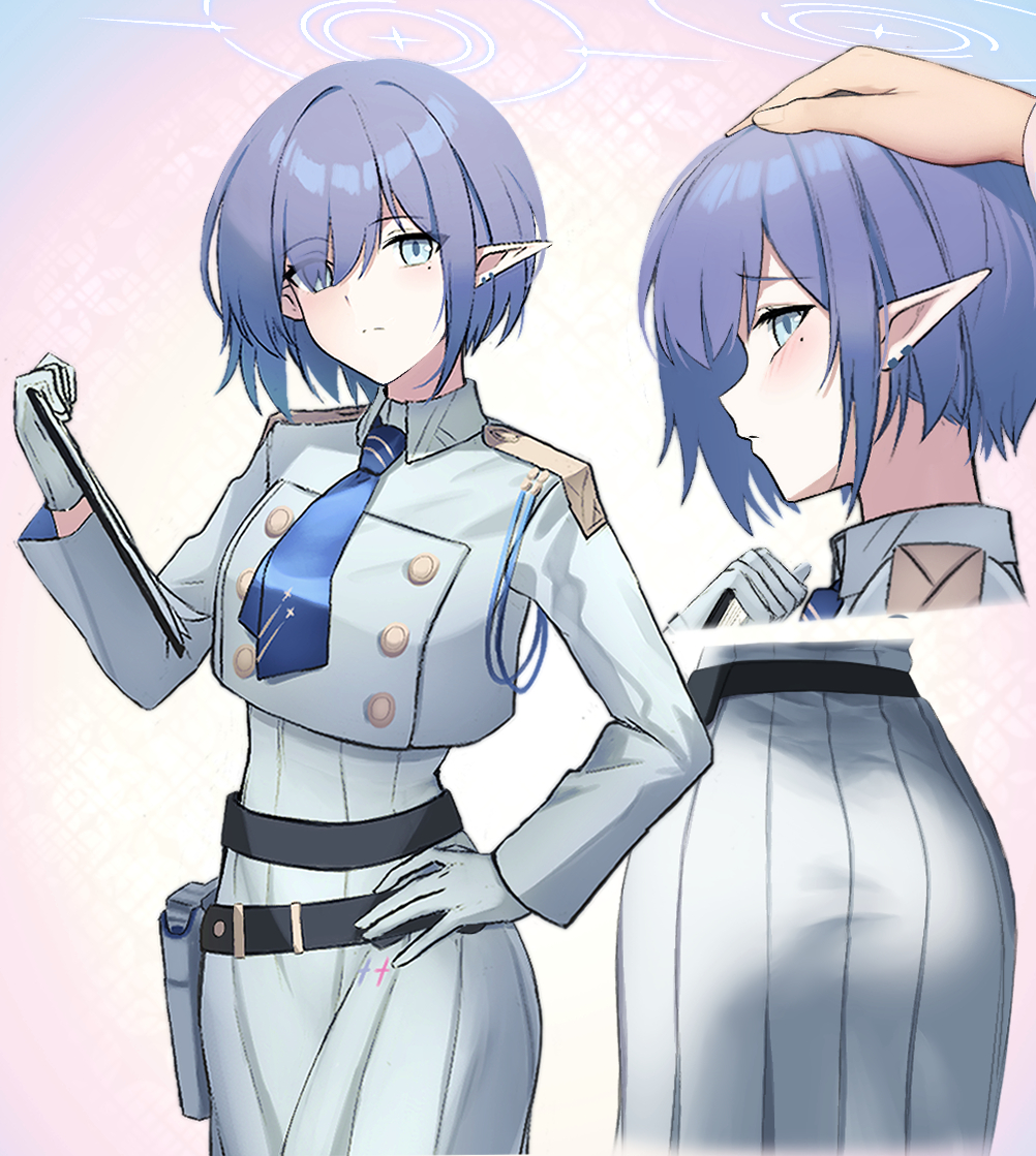 1girl aoi_(blue_archive) ass belt black_belt blue_archive blue_eyes blue_hair blue_necktie buttons clipboard closed_mouth collared_shirt cropped_head cropped_shirt dress earclip epaulettes eyes_visible_through_hair fanny_pack halo hand_on_own_hip hand_up headpat holding holding_clipboard junu_(jwoo5627) long_sleeves looking_at_viewer mole mole_under_eye multiple_views necktie paper pointy_ears profile shirt short_hair standing white_dress white_shirt