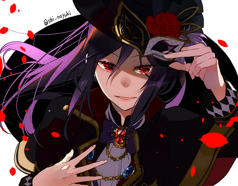 1girl bang_dream! black_hat bow bowtie brooch cape commentary_request flower hair_between_eyes hand_on_own_chest hat hat_flower holding holding_mask jewelry long_sleeves looking_at_viewer mask mask_removed masquerade_mask petals phantom_thief ponytail purple_hair purple_neckwear red_eyes red_flower red_rose rose seta_kaoru shi_noyuki sidelocks smile solo twitter_username upper_body