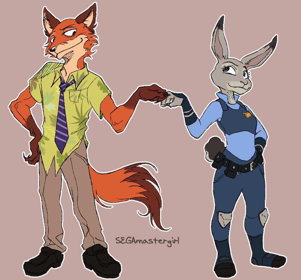 2019 aloha_shirt anthro artist_name beastars black_clothing black_footwear black_shoes bottomwear brown_body brown_ears brown_fur canid canine claws clothing collared_shirt countershading dipstick_ears dipstick_tail disney duo eye_contact eyebrows eyelashes facial_markings female finger_claws fingerless_gloves fist_bump footwear fox fur gesture gloves gloves_(marking) green_clothing green_shirt green_topwear grey_body grey_fur hand_on_hip handwear head_markings judy_hopps knee_pads lagomorph leggings legwear leporid long_ears looking_at_another male mammal markings multicolored_ears muzzle_(marking) nick_wilde orange_body orange_fur outline pants pattern_clothing pattern_shirt pattern_topwear police_badge police_officer police_uniform purple_eyes rabbit raised_eyebrow red_fox segamastergirl shirt short_tail simple_background smile snout snout_markings standing tail tail_markings tan_background tan_body tan_fur tight_bottomwear tight_clothing tight_topwear tights topwear uniform white_outline zootopia