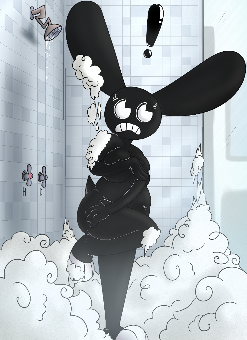 2019 4_fingers 8:11 anthro bathing belly big_breasts biped black_ears black_tail black_text breasts butt covering covering_breasts covering_self detailed_background digital_drawing_(artwork) digital_media_(artwork) embarrassed exclamation_point feet female fingers front_view full-length_portrait inkblot lagomorph leporid looking_at_viewer male mammal markings nude nude_anthro nude_female on_one_leg overweight overweight_anthro overweight_male portrait rabbit rabbit_ears scut_tail short_tail shower shower_head showering soap solo standing suds tail teeth text thatoneaceguy three-quarter_view tile tile_wall toeless_(marking) wall_(structure) white_eyelashes white_eyes white_markings white_toes
