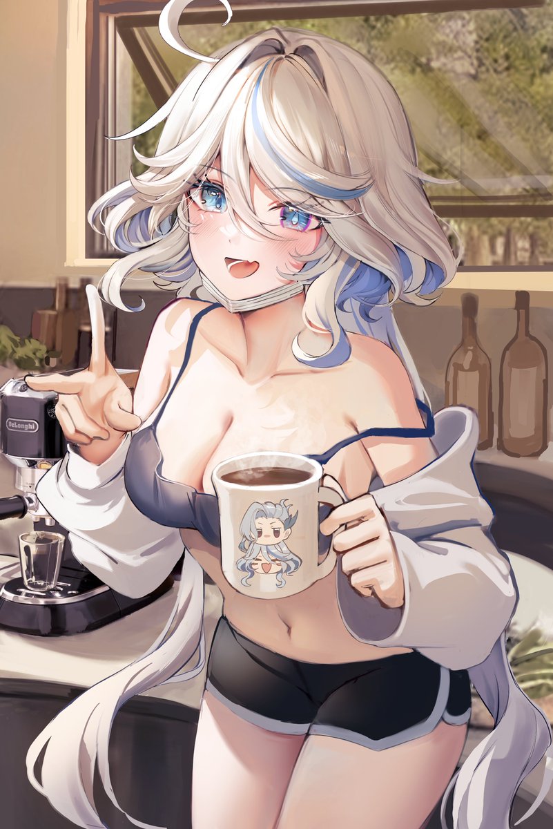 1girl :d ahoge alternate_breast_size alternate_costume bare_shoulders black_shorts blue_eyes blue_hair blush bottle breasts cameo camisole character_print cleavage coffee coffee_maker coffee_mug collarbone commentary commentary_request contemporary cowboy_shot cowlick crop_top cup dasha dolphin_shorts drop-shaped_pupils fang furina_(genshin_impact) genshin_impact heterochromia highres holding holding_cup indoors light_blue_hair long_hair looking_at_viewer mask mask_pull medium_breasts midriff mismatched_pupils mouth_mask mug multicolored_hair navel neuvillette_(genshin_impact) open_mouth ponytail short_shorts shorts skin_fang smile solo spaghetti_strap stomach strap_slip thighs twintails underwear v white_hair