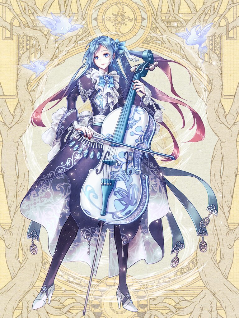 1boy alba_alfurira androgynous angel back_bow black_coat blue_bow blue_bowtie blue_eyes blue_hair boots bow bow_(music) bowtie cello coat dairoku_ryouhei diagonal_bangs earrings frilled_sleeves frills full_body gaiters gradient_hair hair_bow half_updo high_heel_boots high_heels holding holding_bow_(music) holding_instrument instrument jewelry kawa_k3 layered_sleeves light_smile long_hair long_sleeves looking_at_another looking_at_viewer looking_to_the_side male_focus multicolored_hair nail_polish patterned_clothing pink_hair red_nails sash shirt single_earring smile solo spirit standing star-shaped_pupils star_(symbol) star_earrings symbol-shaped_pupils white_bow white_footwear white_sash white_shirt yellow_background