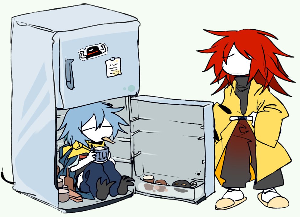 2others belt black_pants black_sweater blue_cape blue_hair blue_pants cape closed_eyes closed_mouth coat colored_skin commentary english_commentary in_container in_refrigerator len'en ling_s long_hair long_sleeves moritake_medias multiple_others no_eyes no_nose ooya_kunimitsu other_focus pants red_hair refrigerator short_hair sitting sketch slippers sweater turtleneck turtleneck_sweater white_belt white_skin wide_sleeves yellow_coat yellow_footwear