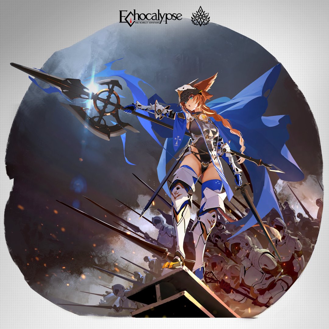 1girl armored_boots artist_request black_leotard blue_cape blue_eyes blue_gloves boots bracer braid braided_ponytail breasts brown_hair cape crowd dual_wielding echocalypse gloves gryph_(echocalypse) head_wings holding holding_polearm holding_sword holding_weapon knight lance leotard logo long_hair official_art open_mouth polearm second-party_source sword weapon wings