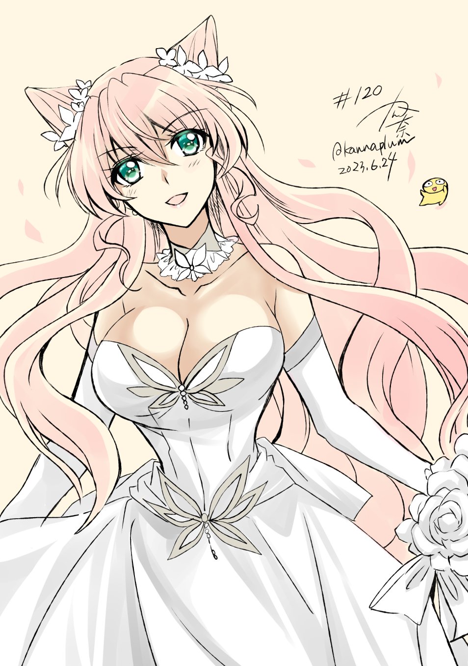 1girl bouquet breasts bride cleavage dress elbow_gloves gloves green_eyes hair_ornament highres holding holding_bouquet kanna_(plum) large_breasts long_hair looking_at_viewer maria_cadenzavna_eve open_mouth pink_hair senki_zesshou_symphogear solo wedding_dress white_dress white_gloves