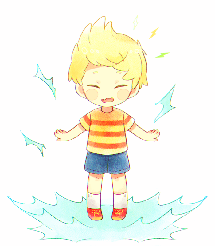 0mzum1 1boy blonde_hair blue_shorts blush blush_stickers closed_eyes commentary_request lightning_bolt_symbol lucas_(mother_3) male_focus mother_(game) mother_3 open_mouth outstretched_arms quiff red_footwear red_shirt shirt shoes short_hair short_sleeves shorts simple_background socks solo spread_arms striped_clothes striped_shirt t-shirt two-tone_shirt wavy_mouth white_background white_socks yellow_shirt