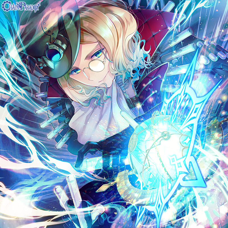 1boy alessandro_cagliostro aqua_eyes armillary_sphere ascot aura between_fingers black_coat black_gloves blonde_hair blue_hair brown_headwear chain_paradox coat copyright_name del_depths flask gloves glowing goggles goggles_on_headwear gradient_hair hand_up hat holding holding_test_tube lapels light_particles looking_at_viewer magic_circle male_focus medium_hair monocle multicolored_hair mystical_high_collar parted_bangs parted_lips round-bottom_flask shirt smile solo test_tube top_hat upper_body wavy_hair white_ascot white_shirt