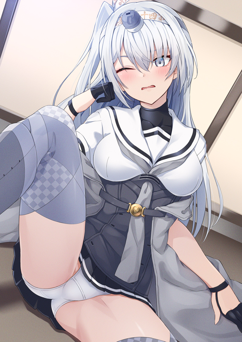 1girl ass black_gloves black_skirt blush clothes_writing commission fuyutsuki_(kancolle) gloves grey_eyes grey_hair grey_neckerchief grey_thighhighs hachimaki hair_between_eyes headband highres kanden_sky kantai_collection long_hair neckerchief one_eye_closed one_side_up open_mouth paid_reward_available panties pixiv_commission pleated_skirt sailor_collar school_uniform serafuku short_sleeves skirt solo thighhighs thighs underwear white_headband white_panties white_sailor_collar