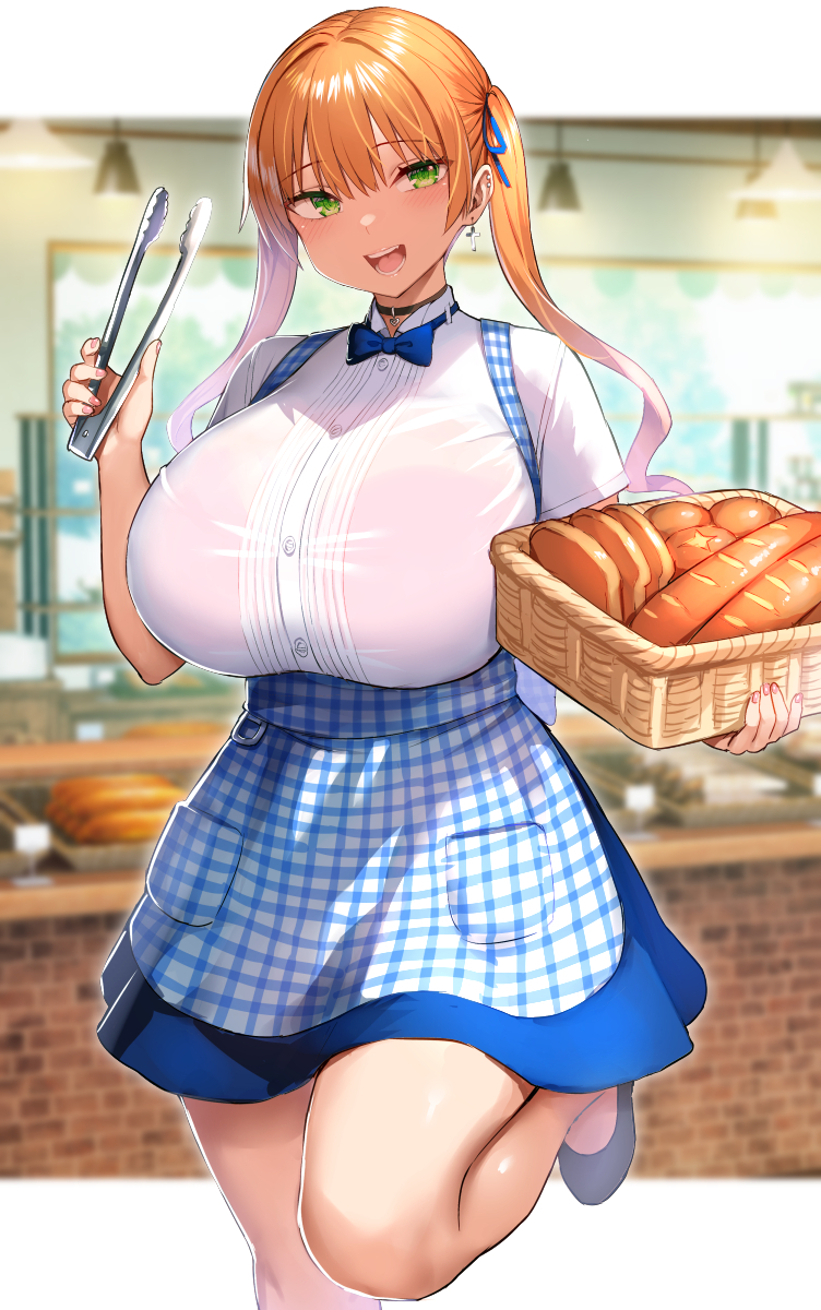 1girl basket blonde_hair blue_ribbon bread breasts commentary_request earrings food green_eyes hair_ribbon highres holding holding_tongs huge_breasts i_can't_handle_my_former_bookworm_little_sister_now_that_she's_a_slut! jewelry long_hair looking_back natsuki_(bookworm_little_sister) open_mouth ribbon shirt shoes skirt smile solo standing standing_on_one_leg tongs tsukumiya_amane twintails
